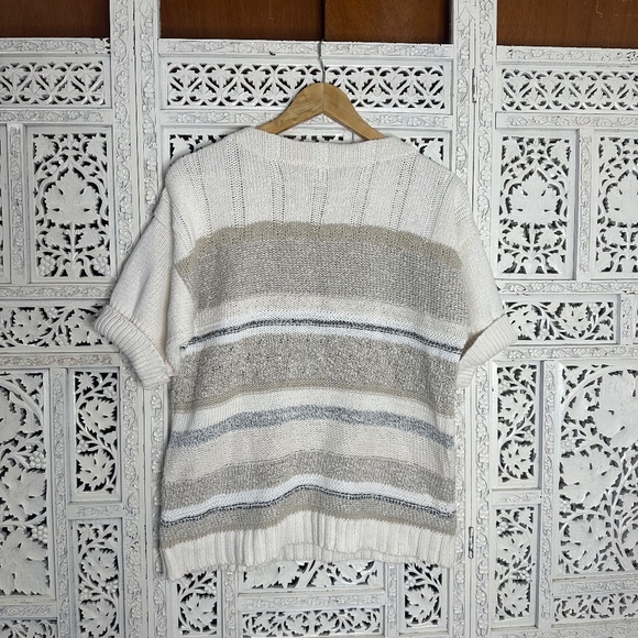 Vintage Liz Claiborne Neutral Earthy Chunky Knit Striped Short Sleeve Sweater - Picture 6 of 6